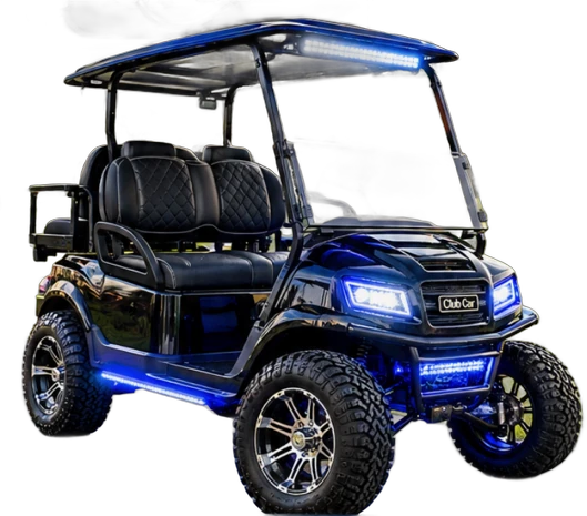 Black lifted golf cart with a roof light bar and blue LED underglow